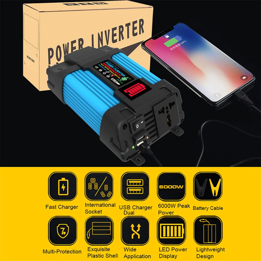 DC 12v To 220V Peak power 6000W Power inverter 500W Universal Car Invertor Vehicle-mounted Household Converter