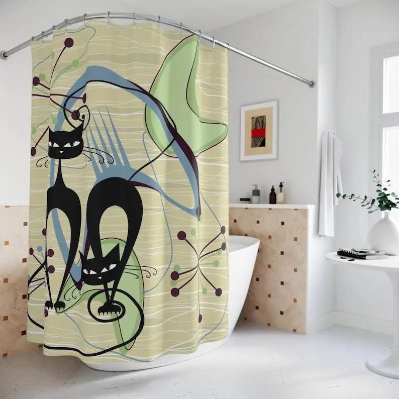 50s Retro Vintage Mid Mod Atomic Kitschy Cats Shower Curtain, MCM Blue, Green Geometric Starburst Bathroom Decor