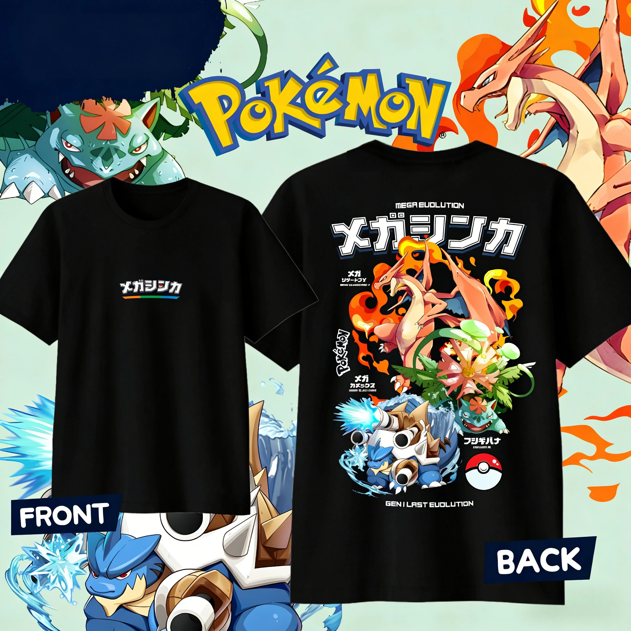 Bandai Pokémon Mega Evolution T-Shirt aus reiner Baumwolle, 2026 Sommer, für Kinder/Herren/Damen, modisches, lässiges Cosplay-Kurzarm-T-Shirt