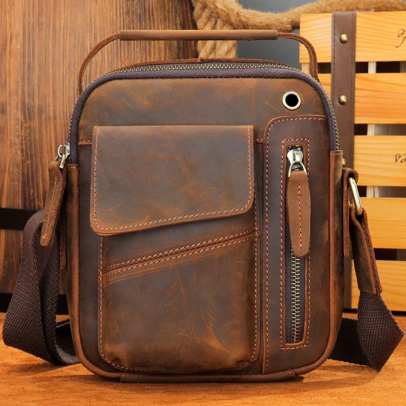 

Vintage Genuine Leather Men Crossbody Bag Luxury Small Shoulder Messenger Bag Casual Man Square Mobile Phone Bag