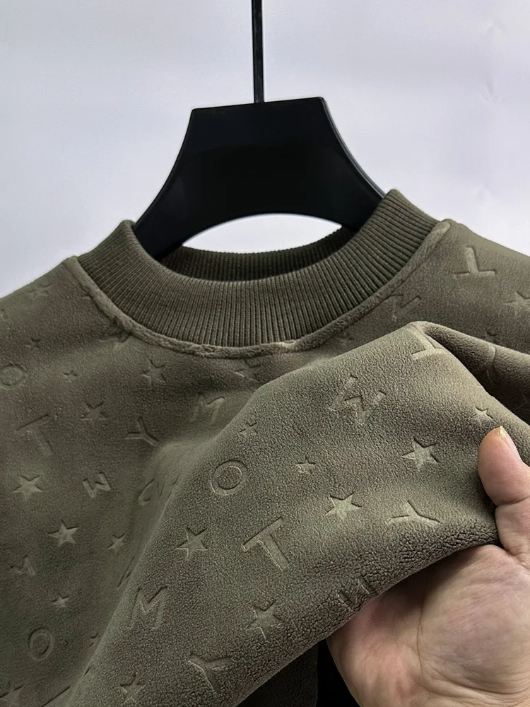 Fashion Letter Embossed Sweater 2023 Autumn/Winter New Trend Men\'s Plush Thickened T-shirt Casual Warm Round Neck Pullover