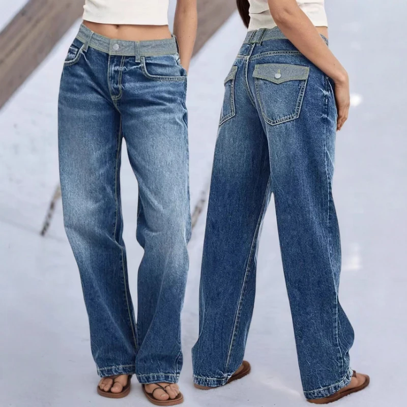 

Denim Pants Women Jeans Vintage Washed Splice Pockets High Waist Straight Trousers Y2k Streetwear Work Casual Pant 2026 Spring