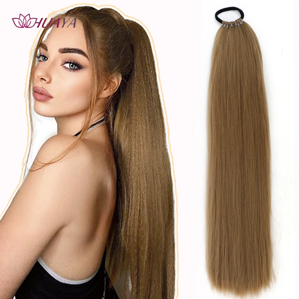 Long Straight Fluffy Ponytail Extension 24 inch Elastic Band Wrap Around Ponytail Synthetic Hair Extensions Clip in Hairpieces