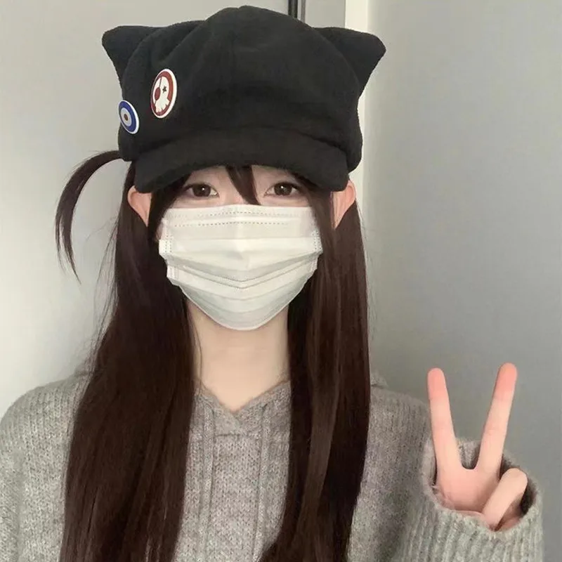 Anime EVA Cap Shikinami Asuka Rangure Badge Cat Ear Hat Cosplay Cute Asuka Accessories Warm Outdoor