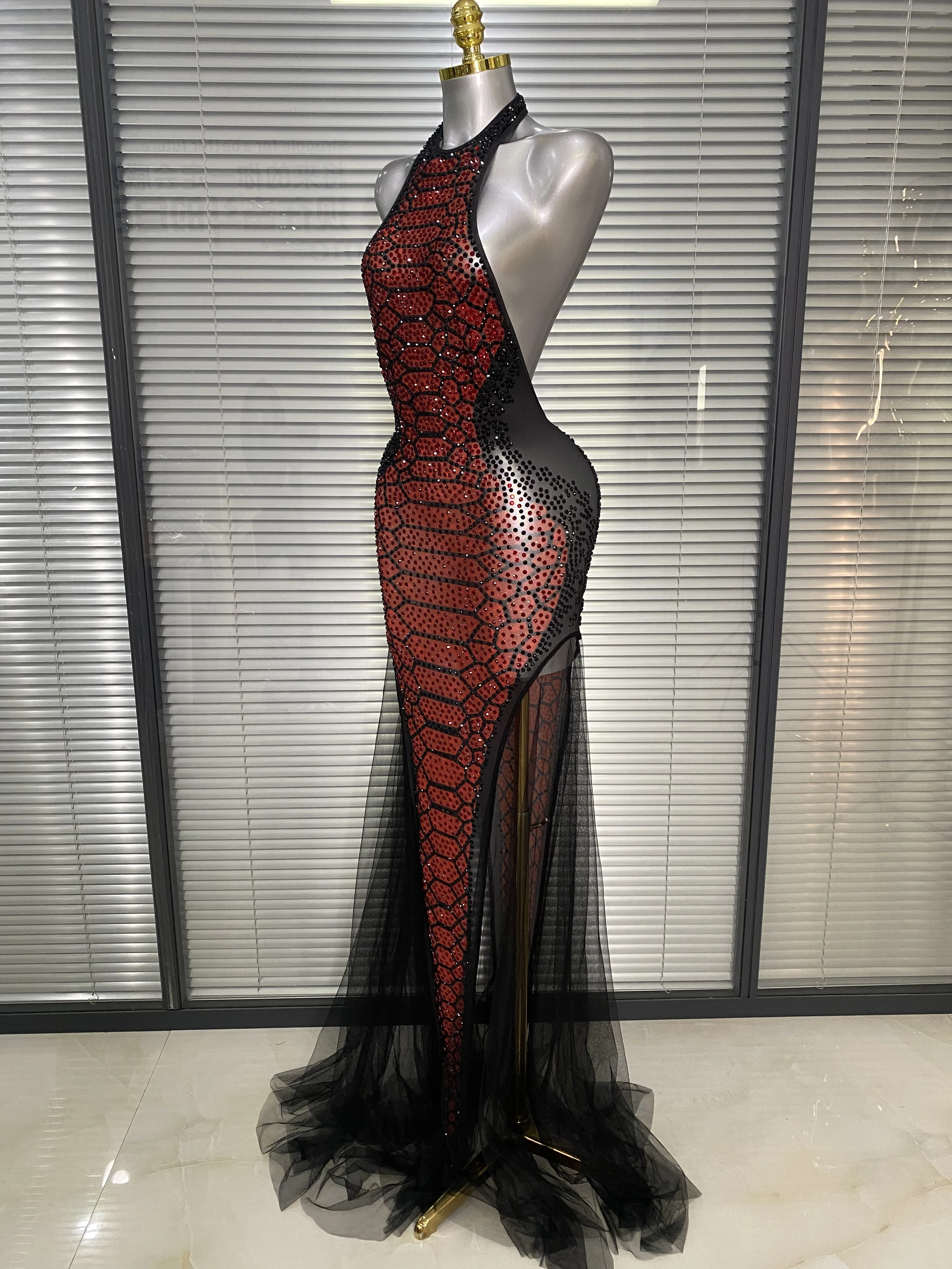 Women Sexy Sparkly Diamonds Pearls Mesh See Through Sleeveless Long Birthday Dress Party Nightclub Performance Costume