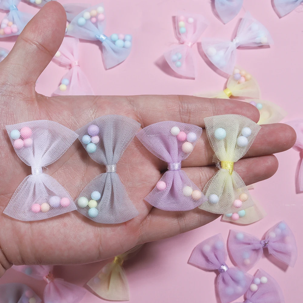 10Pcs/Lot 3x4cm Candy Color Gauze Ribbon Bows Handmade Bow With Foam Ball For DIY Crafts Ornament Accessories Garment Decoration