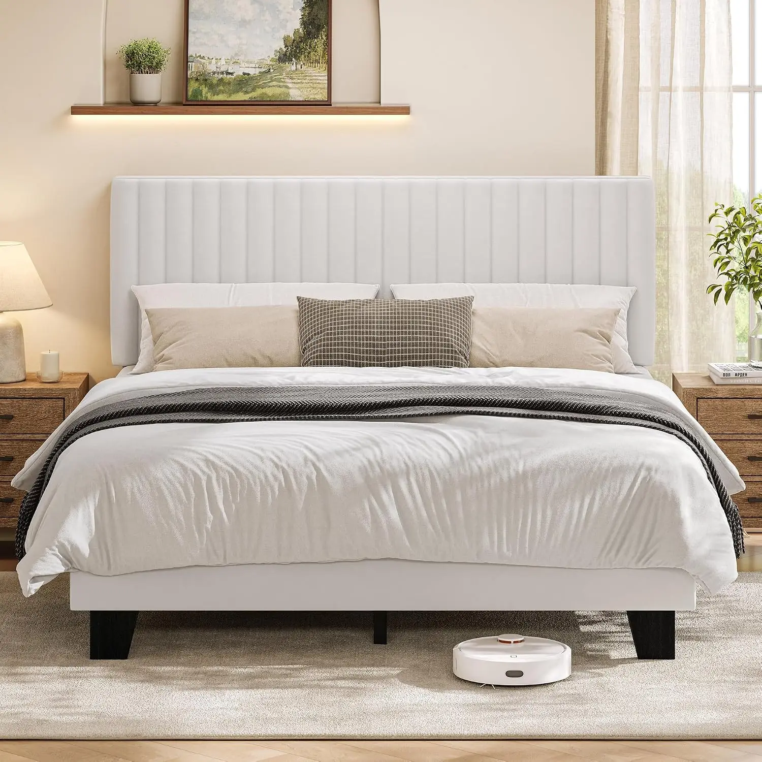 Queen Bed Frame with Upholstered Headboard, Linen Platform Bed Frame with Wooden & Metal Slats Support, Storage, Customized