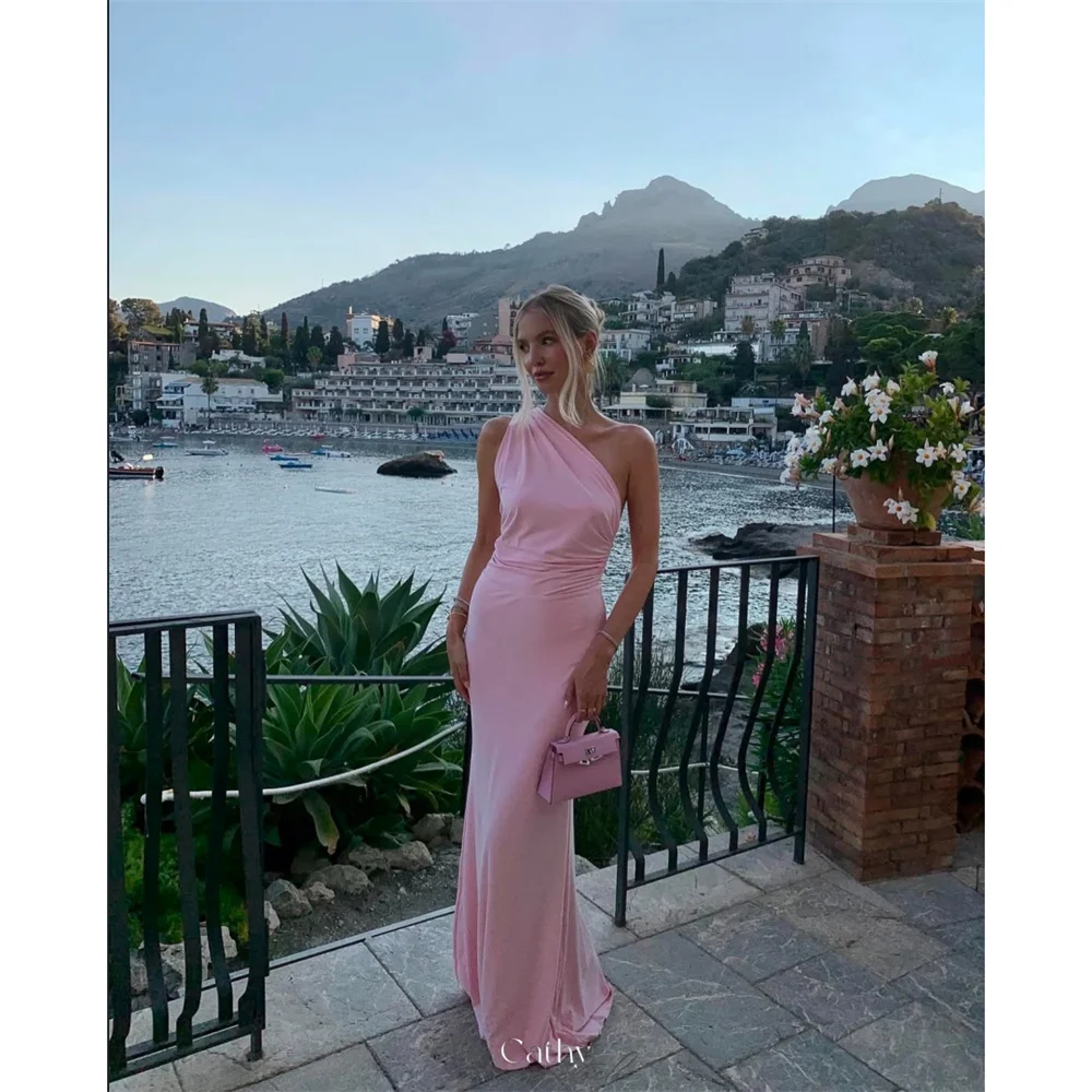 

Cathy Customized Pink One-Shoulder Mermaid Prom Dress Elegant Cut-out Back vestidos de noiva Floor-length Evening Dresses 2025