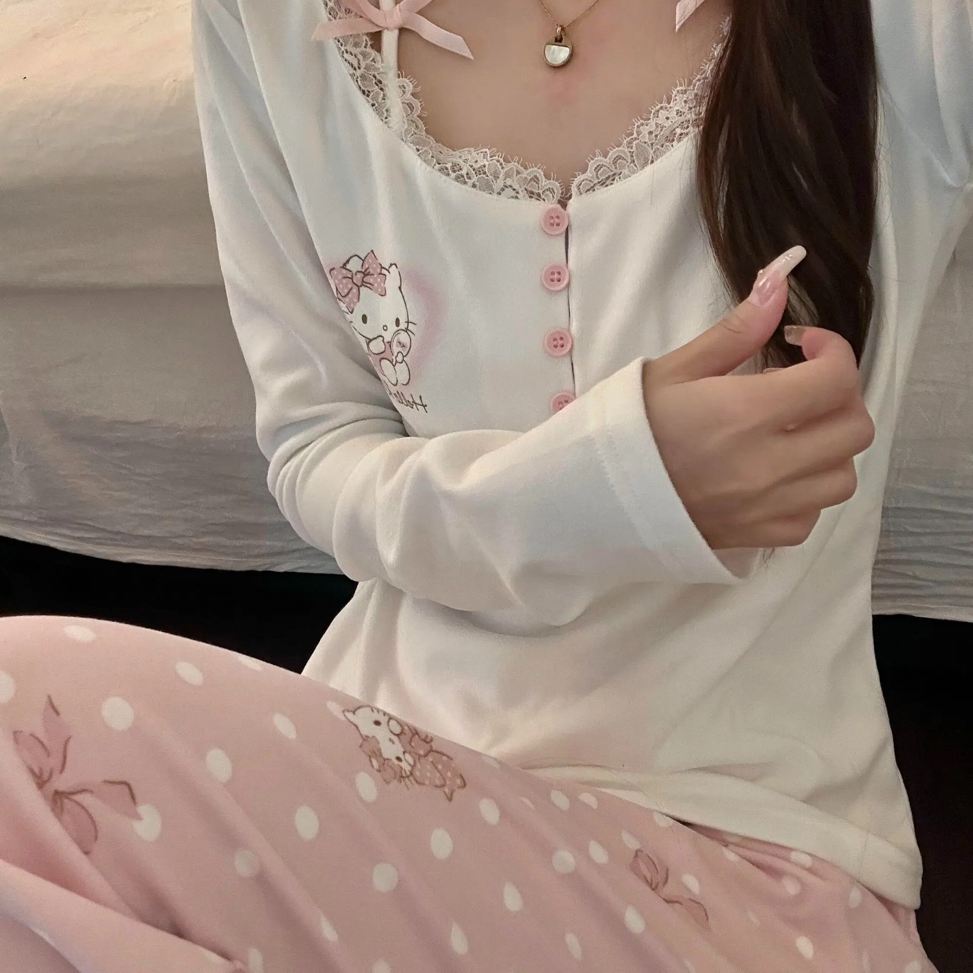 

Sanrio Hello Kitty Sexy Pajamas Set Kawaii Cartoon Winter Warm Sleepwear Long Sleeves Pants Night Clothes Women's Home Clothes