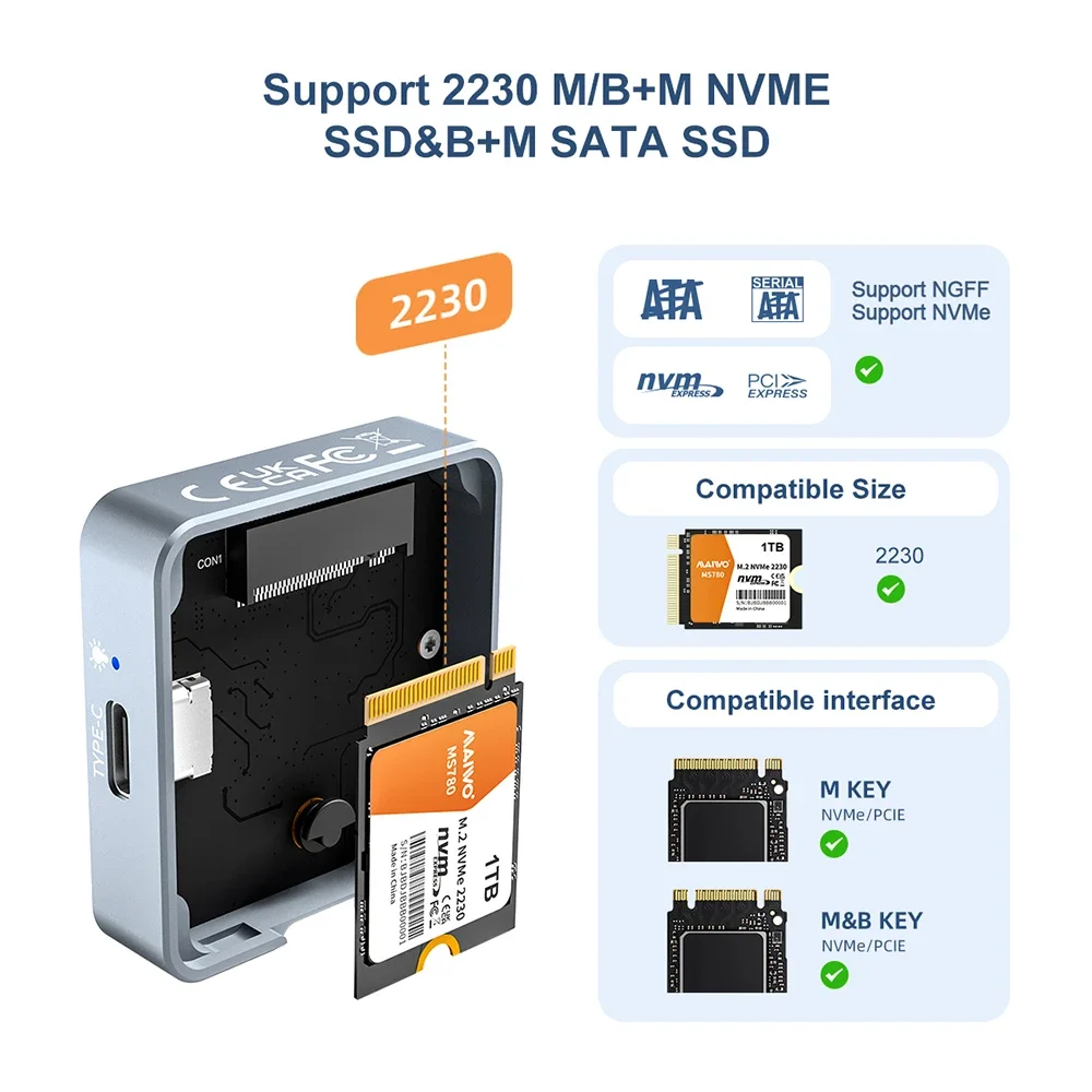 MAIWO 2230 M.2 NVMe SATA SSD 인클로저, PC 노트북 아이폰 15 아이패드용 외장 SSD 케이스, USB 3.2 Gen 2 10Gbps NVMe PCI-E M.2