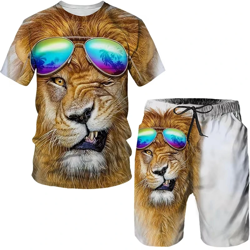 Newest Summer 3D Lion Pattern Printed Suit Men Large Size Casual Fashion Sportswear T-shirt + Shorts Two-piece Breathable Set