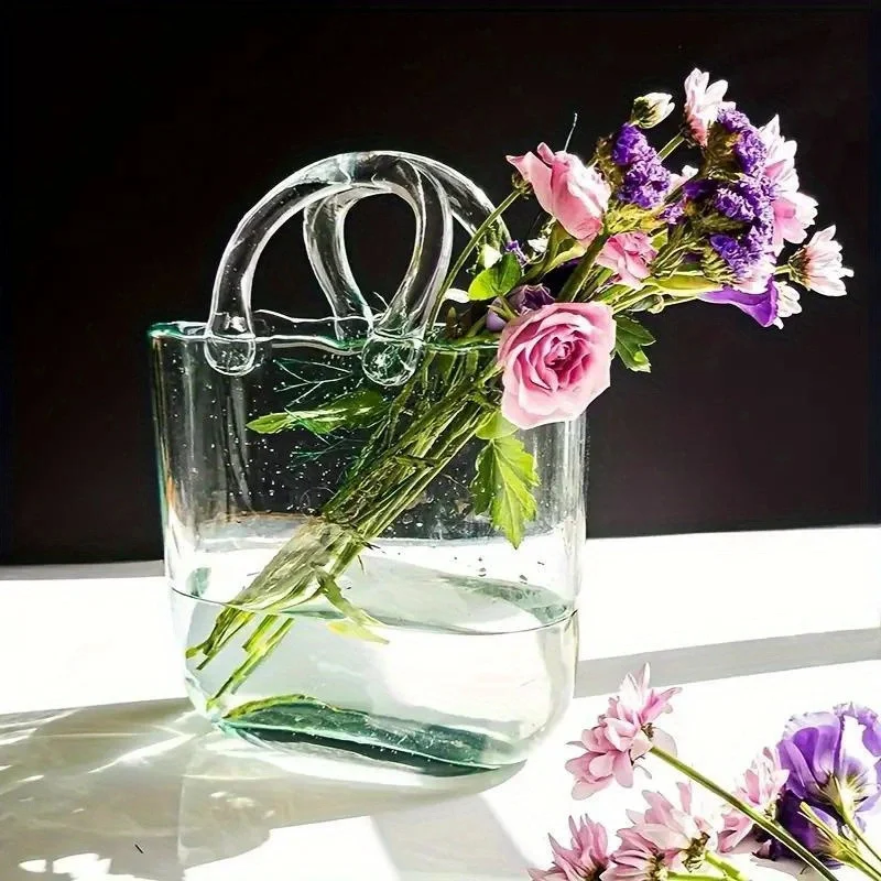 Clear Glass Vase Fish Tote Bag Flower Handbag Bag Vase Desktop Centerpiece for School Office Bedroom Holiday Decoration