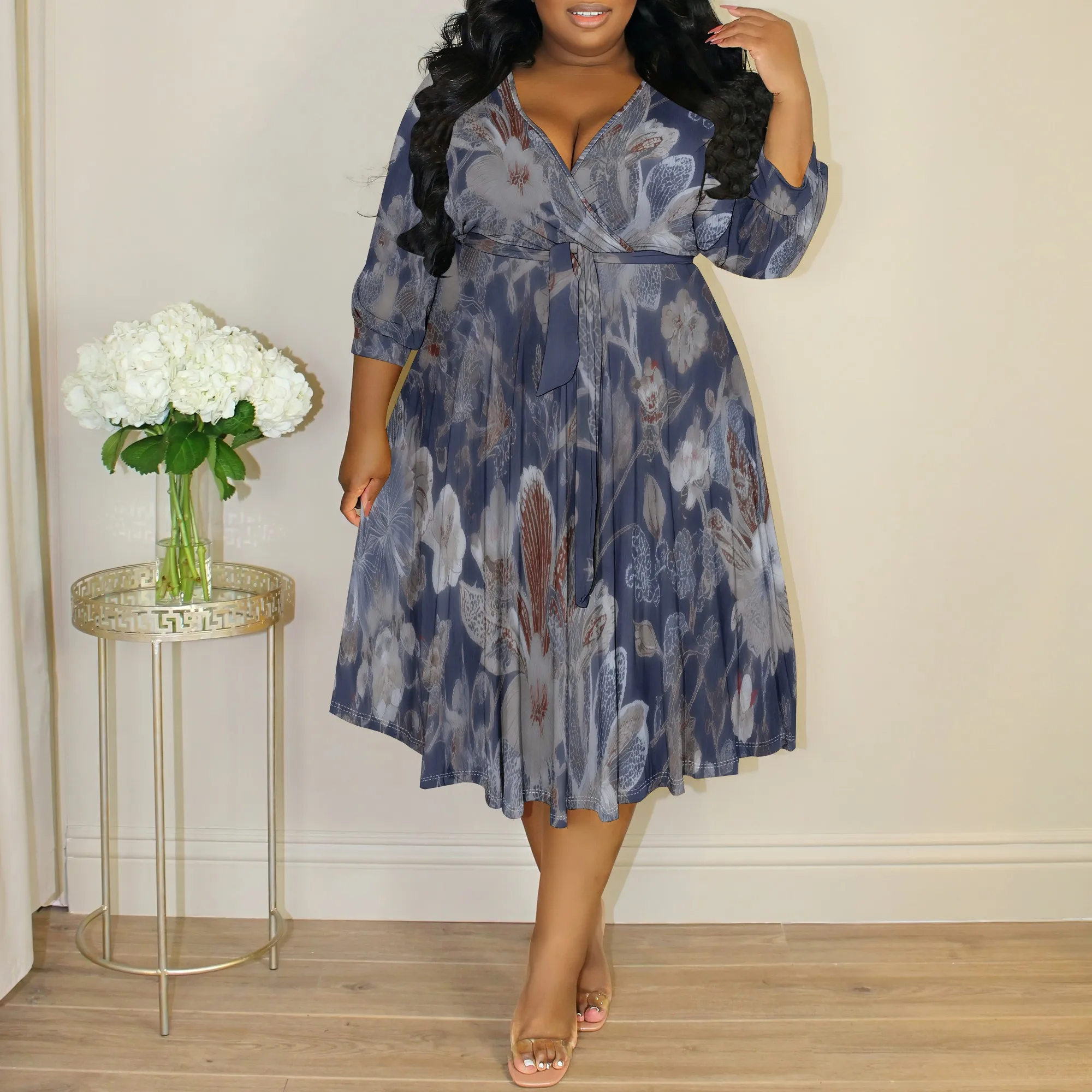 

Boho Plus Size Women's Wrap Dress, Vintage Print V Neck 3/4 Sleeve Tie Waist Flowy Dress, XL-6XL Cocktail Party & Daily Casual