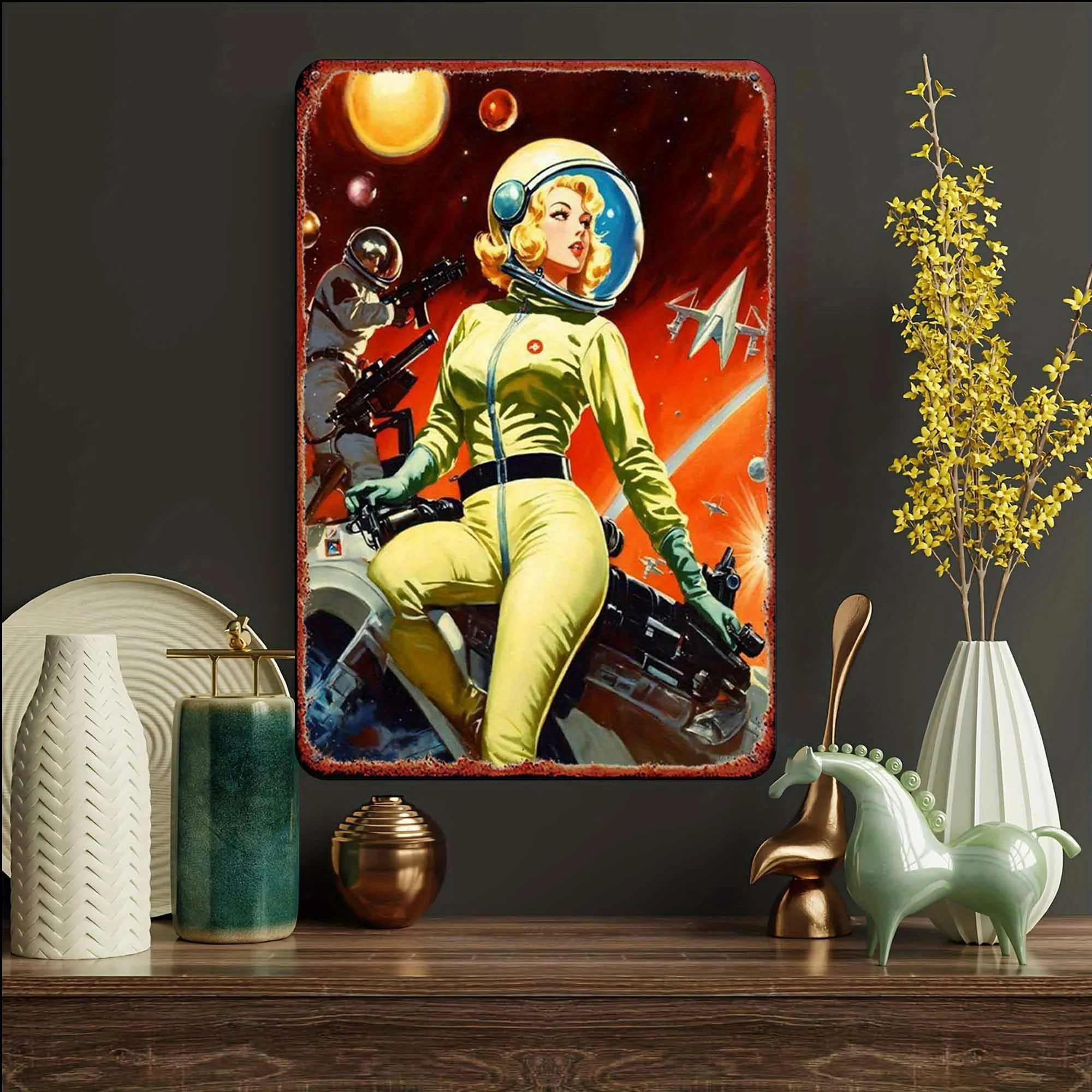 Space Girl Warrior Tin Sign 12x8in for Bedroom Bar Garage Garden, Laser-Cut Corrosion-Resistant Metal Wall Art, Text-Free Space