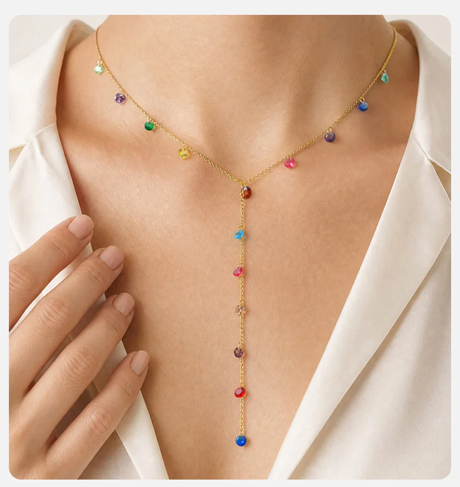 Vnox Süße Vergoldete Bunte Zirkonia-Halskette für Damen, Edelstahl Y-Form Lange Quaste Zierliche Lariat-Schmuckstücke für Partys – Detail 2