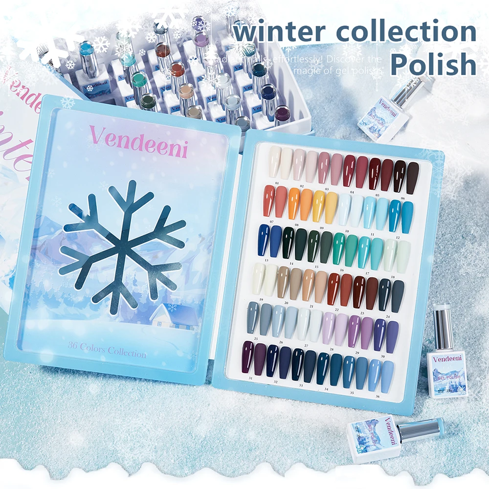 

Vendeeni 36 Colors/set High Pigment Winter Pure Color Gel Nail Polish UV Black Jade Nail Varnish With Color Card TPO/HEMA FREE