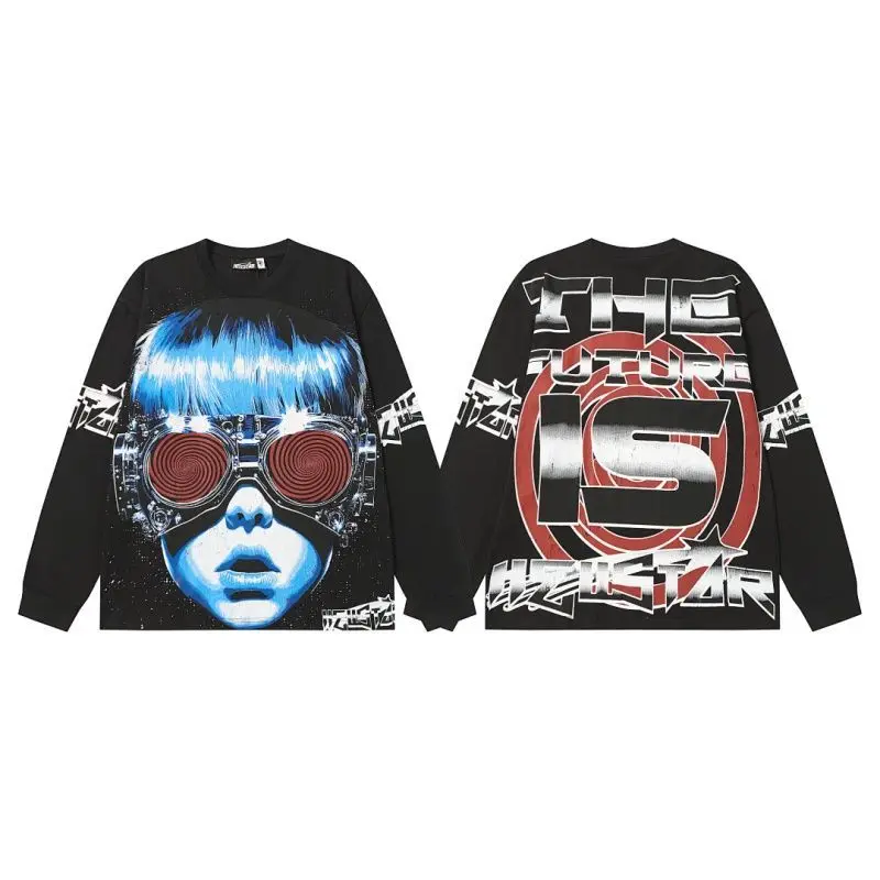 Hellstar Spring Autumn Streetwear American Vintage Portrait Print Casual High Street Unisex Loose Long Sleeve T-Shirt