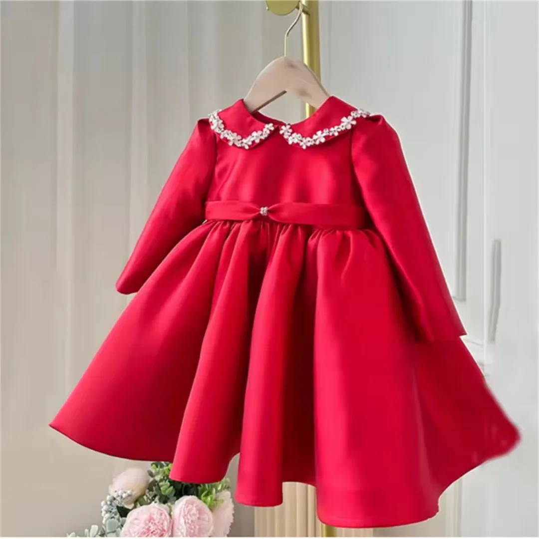 Crystal Beaded Bodice Shiny Metallic Satin Pageant Dress High Low Ruffled Train Flower Girl Dress For Wedding Birthday