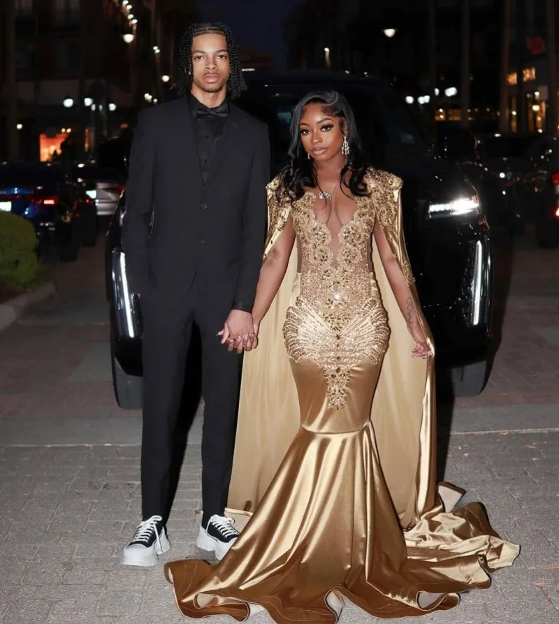 

Sexy Deep V Neck Prom Dresses With Detachable Cloak For Black Girls 2025 Crystal Applique Long Mermaid Evening Gown Customized