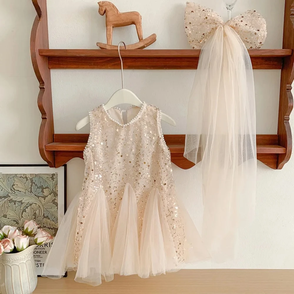 

Новые летние платья с цветочным узором для девочек, модное сетчатое платье принцессы с блестками, милая детская одежда для свадебной вечеринки