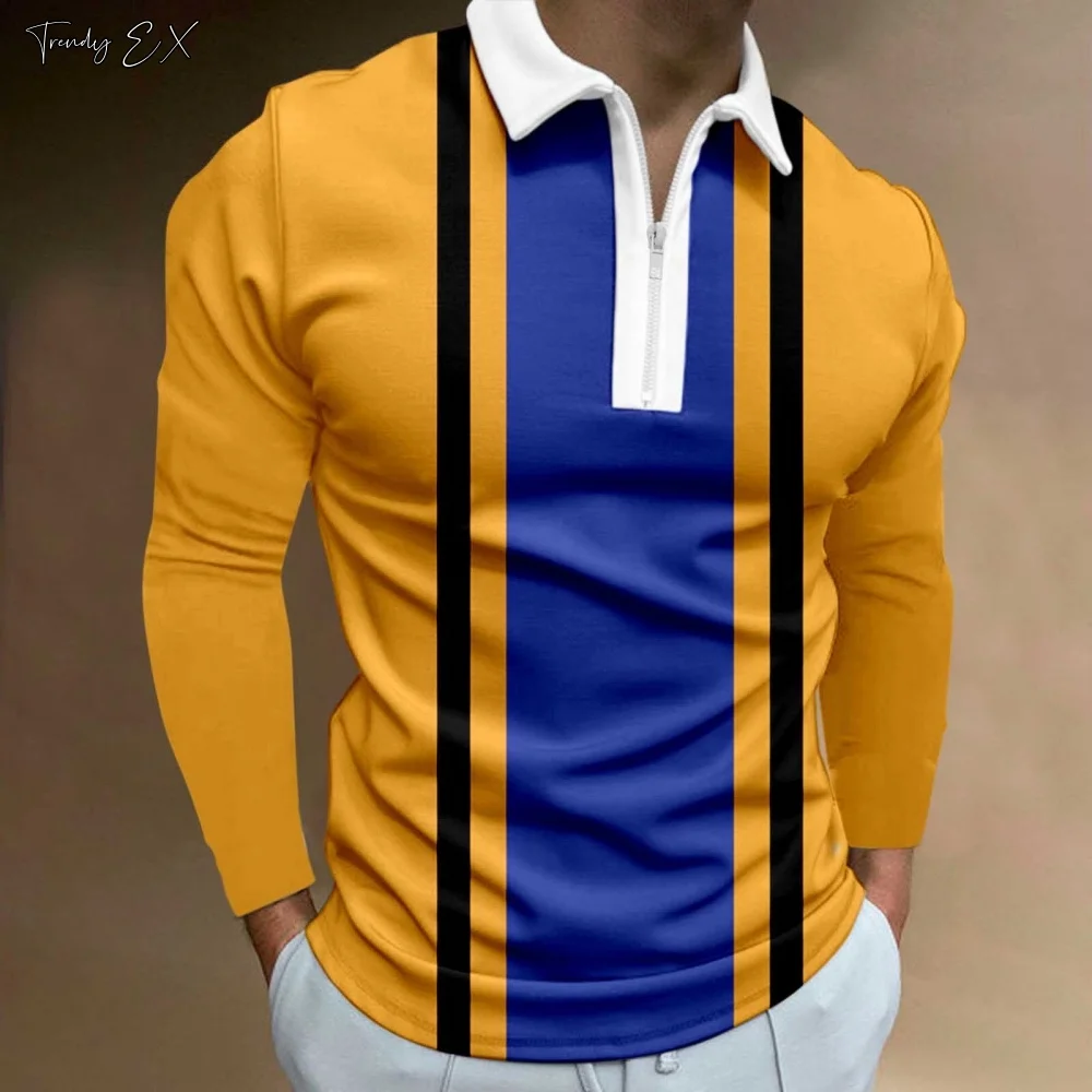 Striped Color Block Print Polo Shirts for Men Fashion Sport Lapel Golf T-Shirt Men Top Casual Commercial Long Sleeve T-Shirt Man