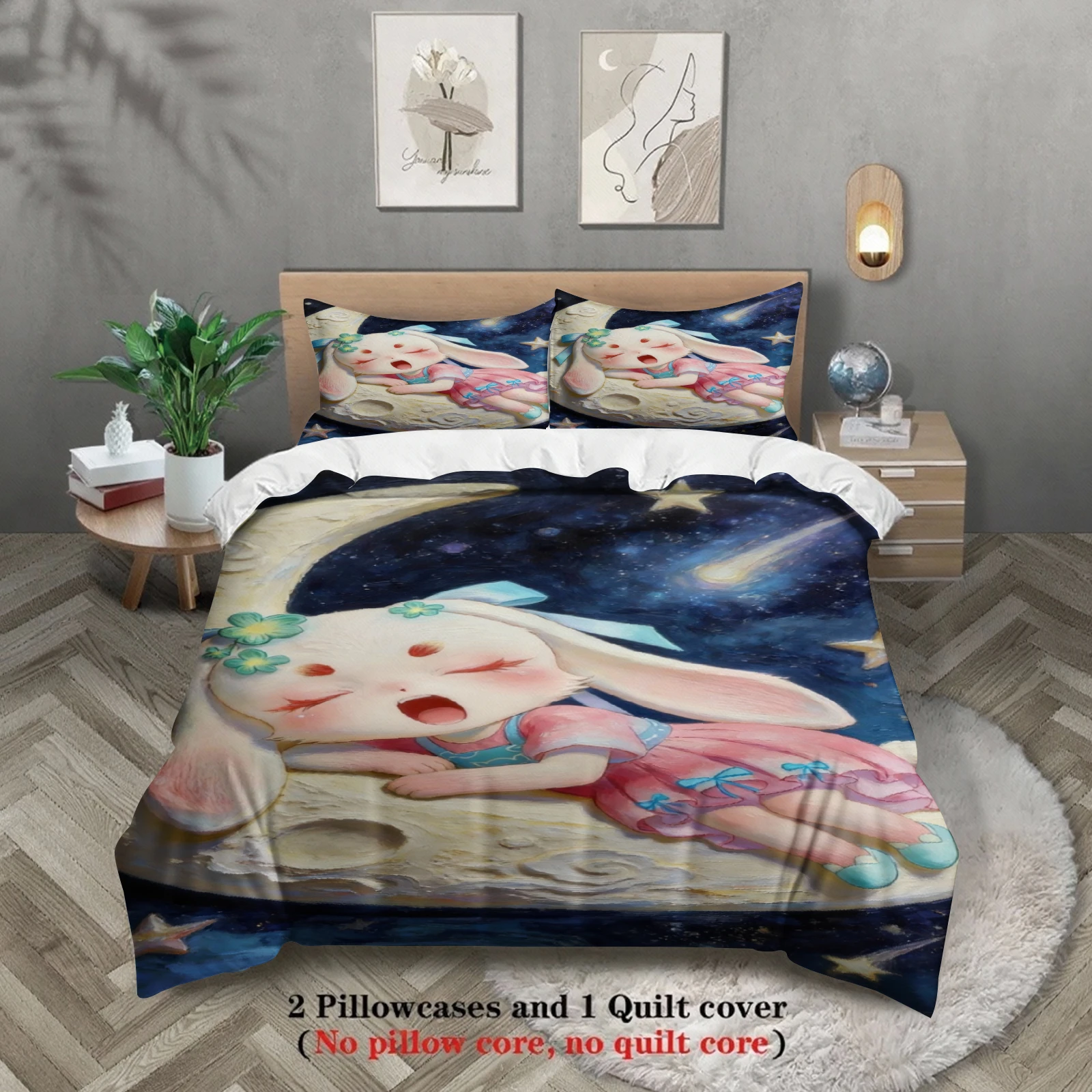 Softville Cozy Town 3PCS Bedding Sets Lop Rabbit Fast Asleep On A Crescent Pint Duvet Cover No filling Cartoon Style Queen Size