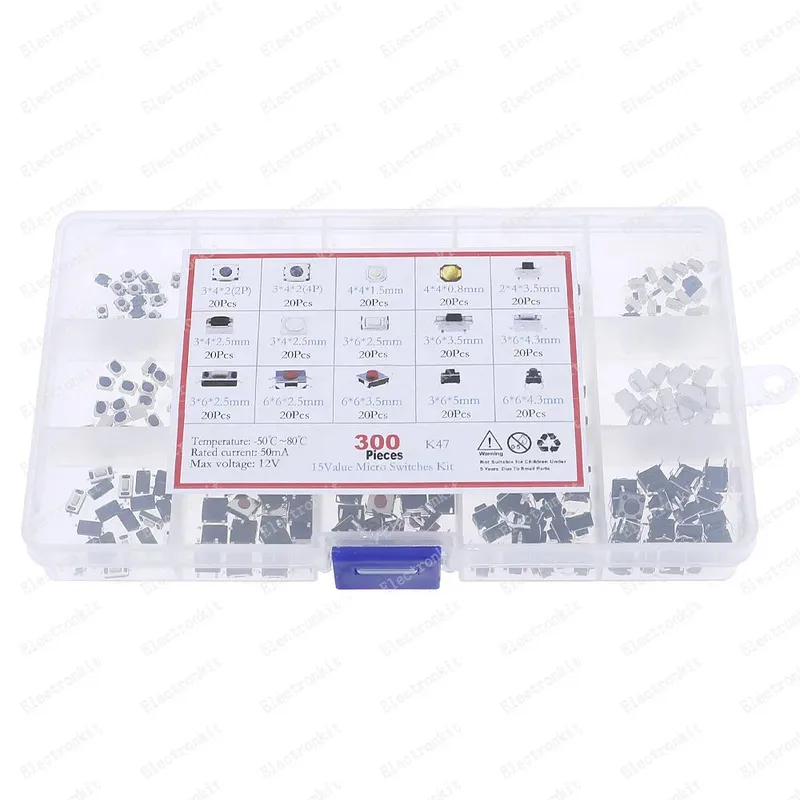300Pcs 15-Types Tactile Push Button Switch Car Remote Control Keys Button Microswitch Assortment Kit