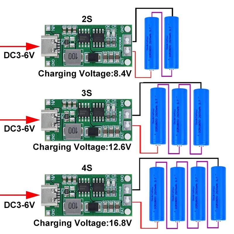 TZT Multi-Cell 2S 3S 4S Type-C To 8.4V 12.6V 16.8V Step-Up Boost LiPo Polymer Li-Ion Charger 18650 Lithium Battery