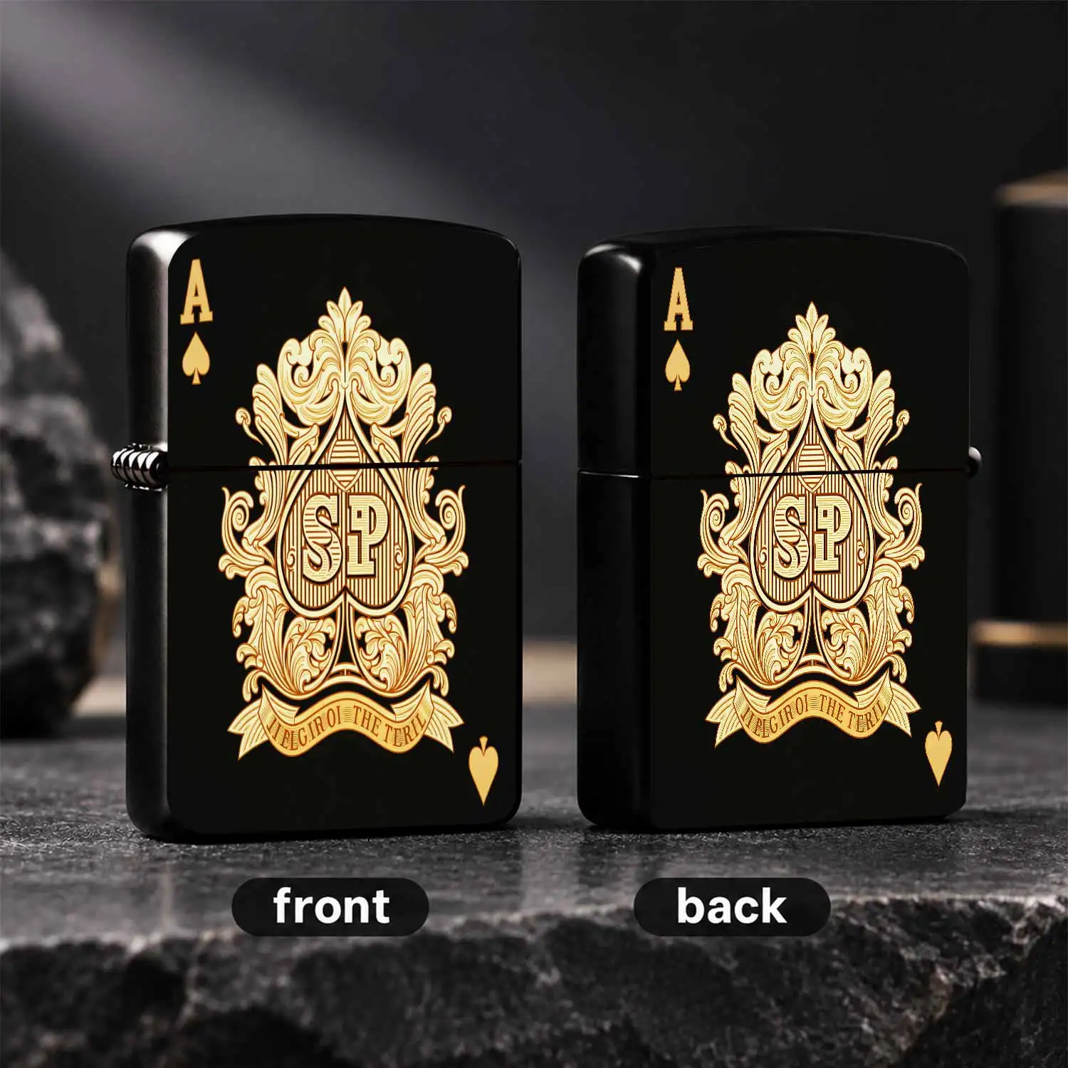 Vintage Ornate Ace Of Spades Lighter With Embossed Floral Scroll Pattern, Luxury Golden Sp Monogram Design, Portable Elegant Tool For Daily Carry, Dating, Outdoor, Business Scenarios, Ideal Exquisite Gift For Friends An A Humorous And Inter