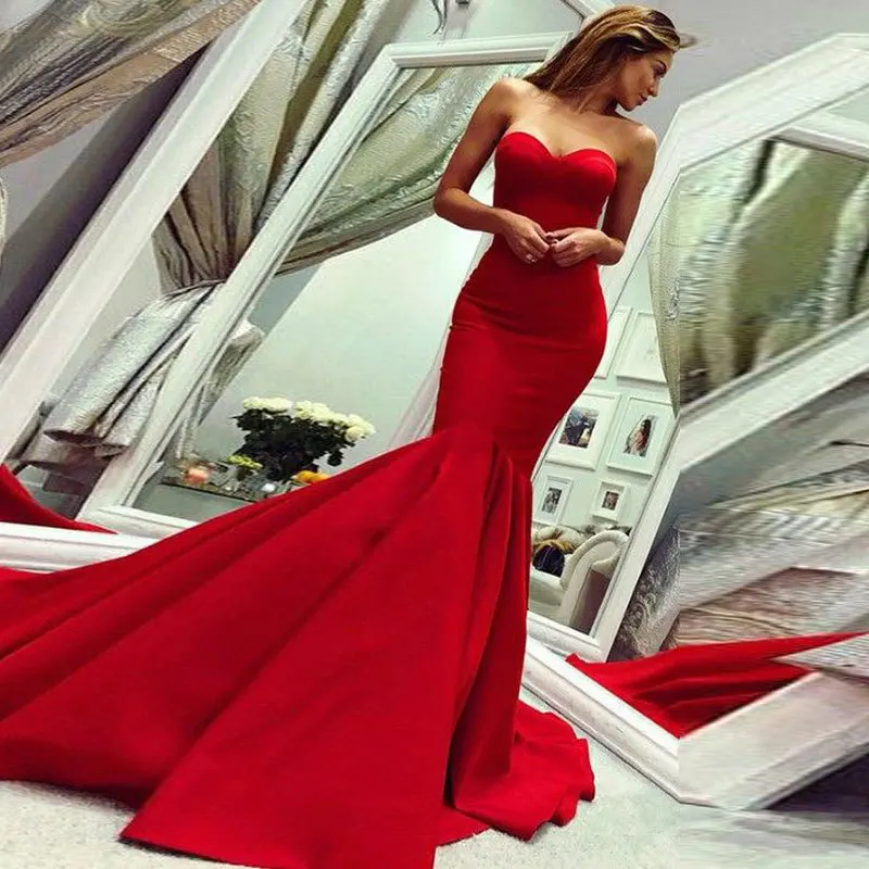 

GUXQD Red Mermaid Women Evening Dresses Simple Sweetheart Court Train Prom Party Gowns Vestido De Noche robes de soirée