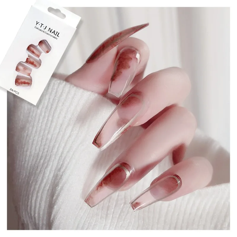 

24Pcs Fake Nails French-Style Long T-Shape Nails with Transparent Red Gradient Lines Press-On Nail Tips Perfect Gift for Women
