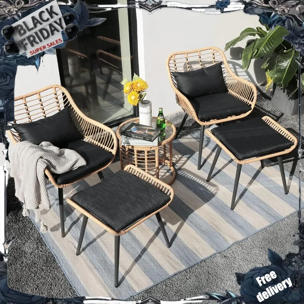 5 Piece Outdoor Wicker Furniture Set, Rattan Bistro All Weather Conversation Set with 2 Ottomans and Coffee Side Table