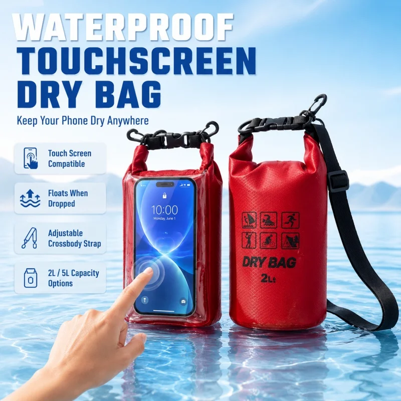 Image of Wasserdichte Touchscreen-Trockentasche 2L 5L PVC Crossbody Schwimmende Handytasche für Schwimmen, Rafting, Kajakfahren, Strand, Outdoor-Sport