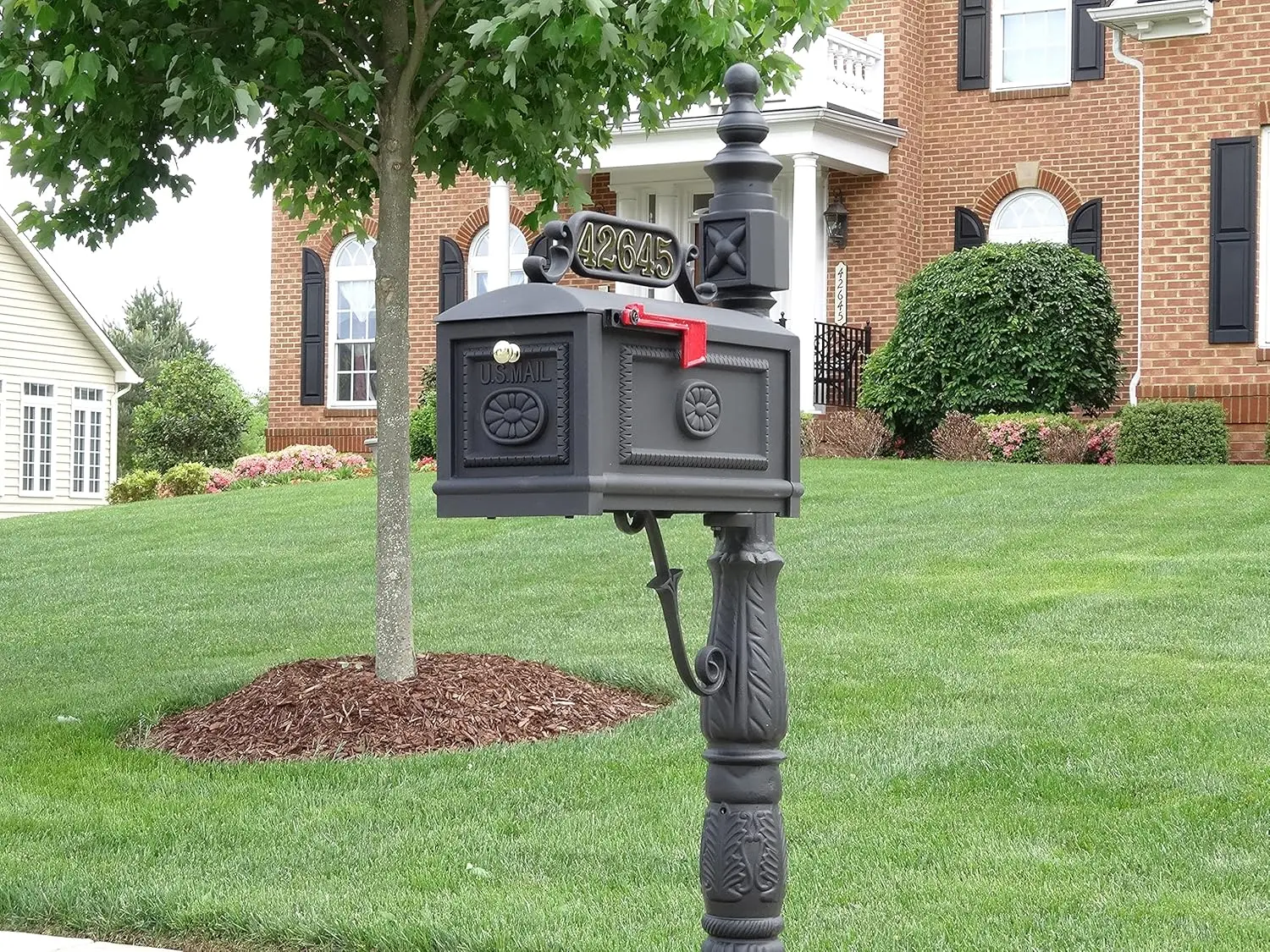 

Decorative Residential Curbside Cast Aluminum Post-Mount Mailbox Black Authentic Original Letter Box Garden