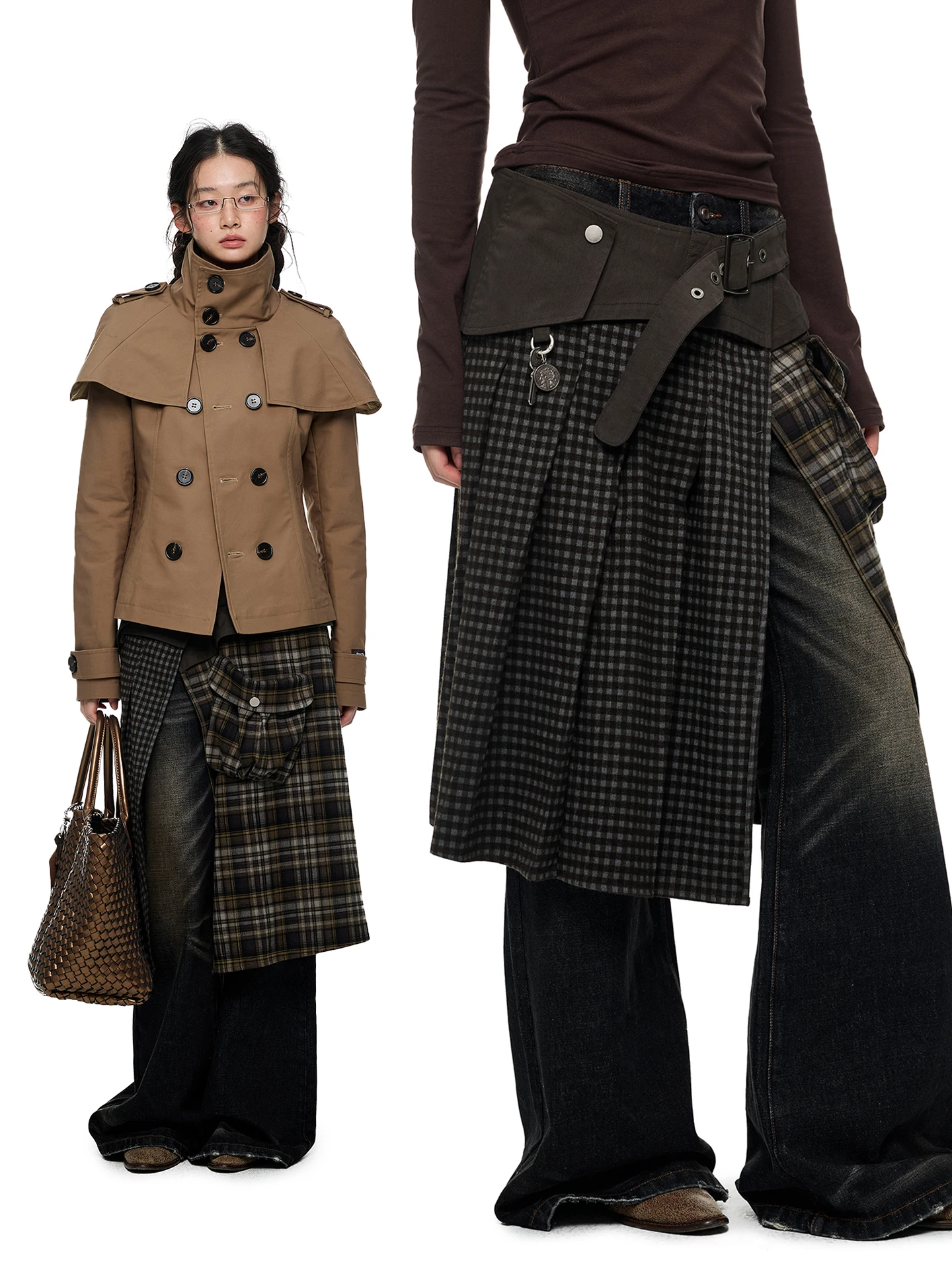 

JIKOO Pixel Ba Window Plaid f Skirt Women's Color Blo Slit Workwear Korean Sle Long Skirt Casual Polyester Fiber