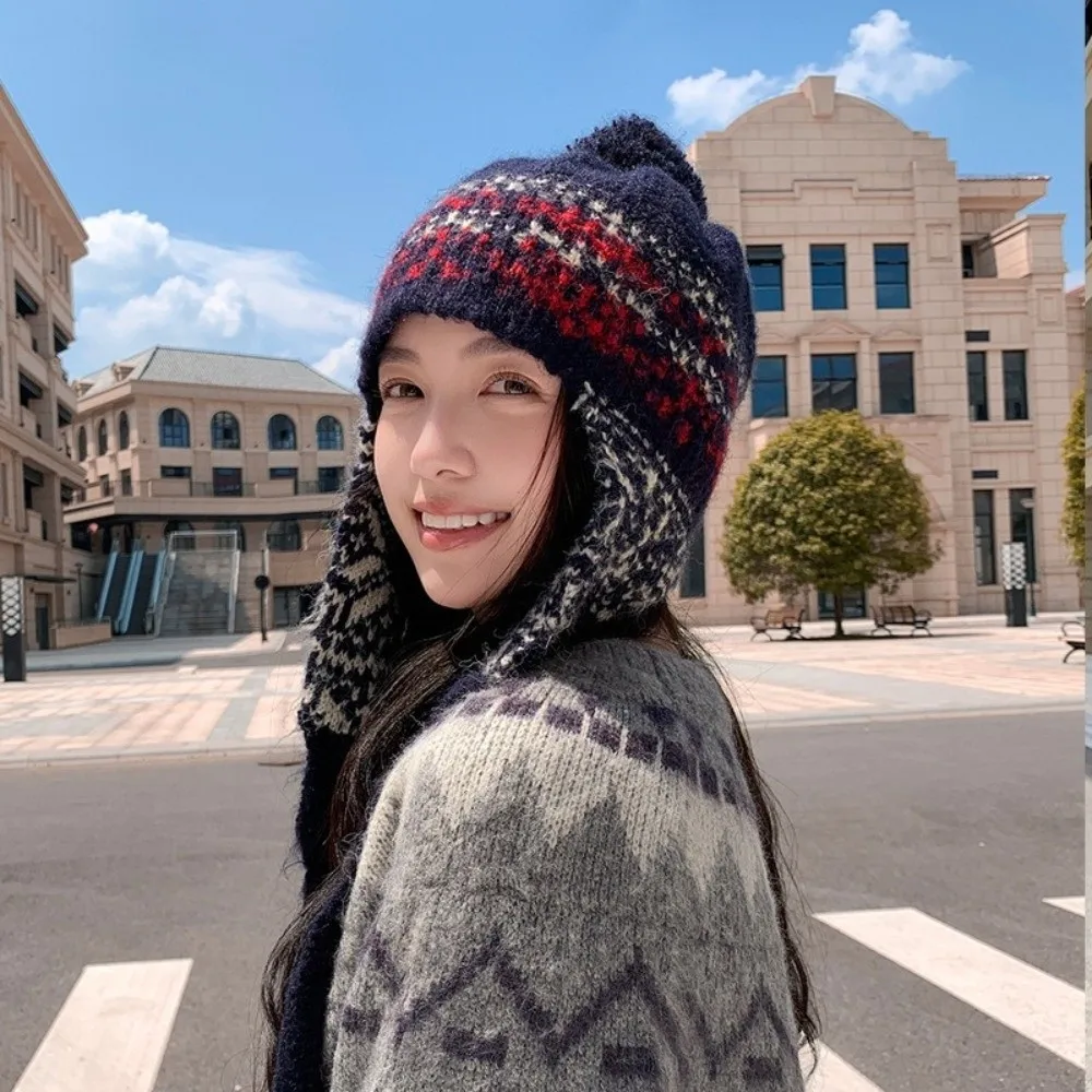 

Sweet Jacquard Knitted Beanies Caps Y2k Keep Warm Ear Protection Cap Korean Style Coldproof Women Wool Cap Autumn Winter
