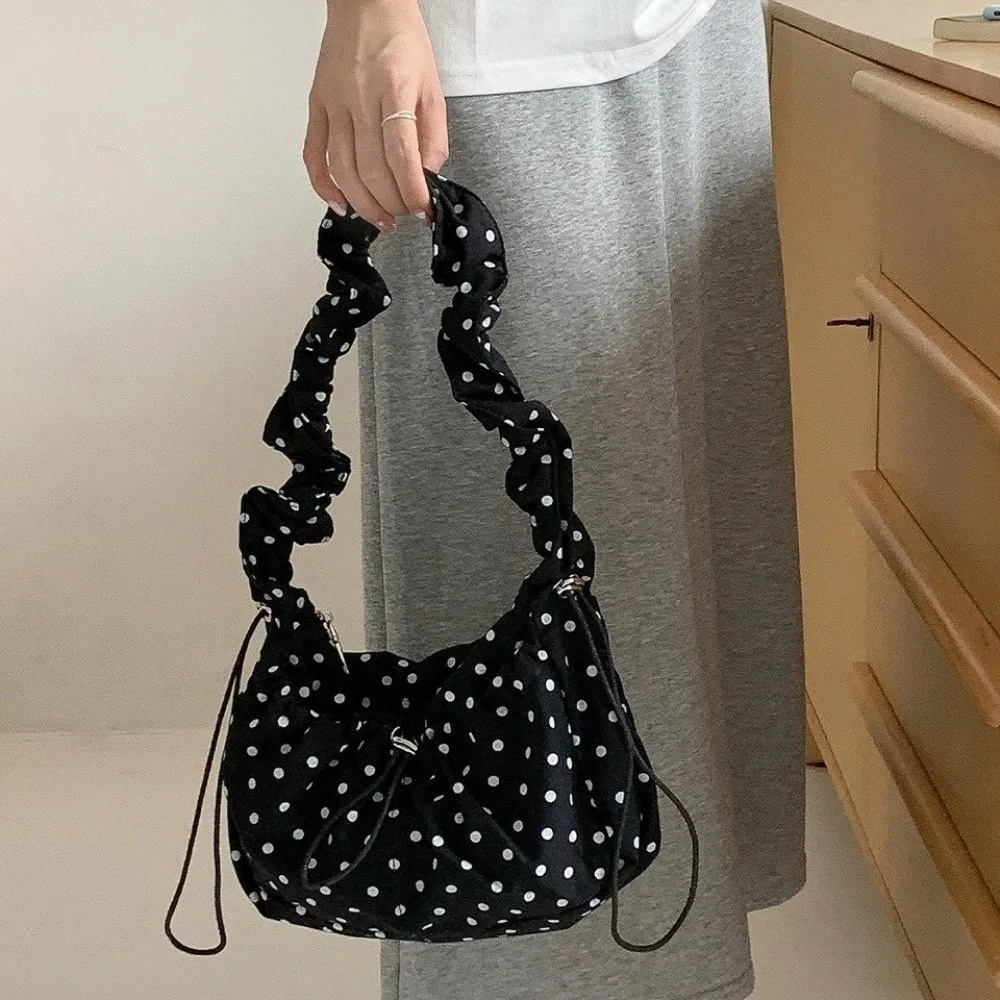 

Fashion Polka Dot Underarm Bags Large Capacity Drawstring Shoulder Bags Sweet Pleated Strap Tote Bags