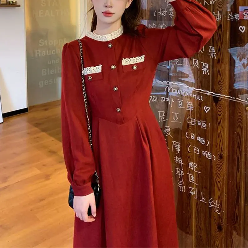 French Style Aura Midi Dress Female Clothing Stylish Lace Spliced Spring Autumn Elegant A-Line Waist Commute Round Neck Dresses