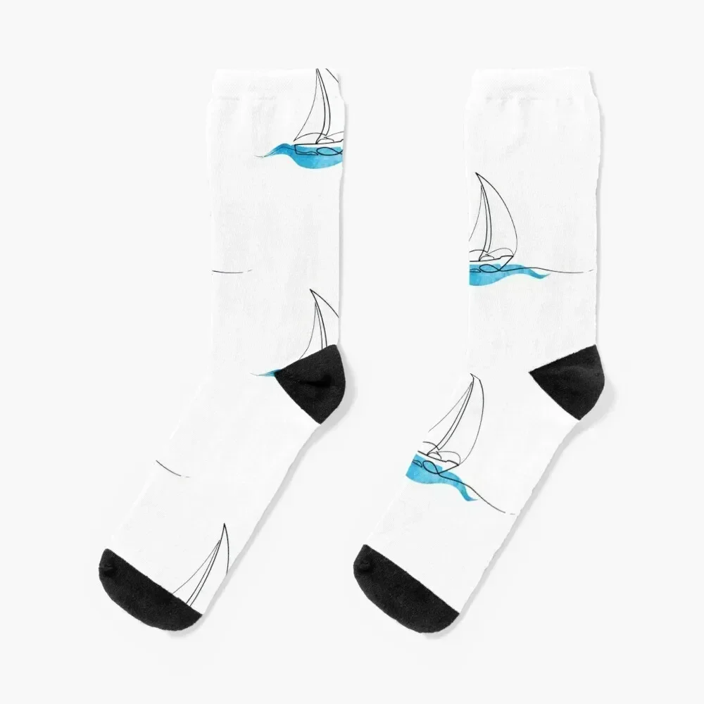 Hydro Flask sticker - ocean blue watercolor wave and sailboat | Line art Socks Stockings bright garter gym Socks For Girls Men's