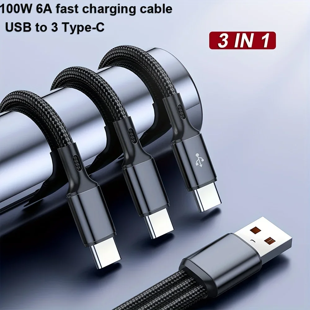 3 In 1 USB-Type C 100W Fast Charging USB A-3Type-C Data Cable For Samsung S24 Xiaomi Huawei Android USB C Data Transfer Cord