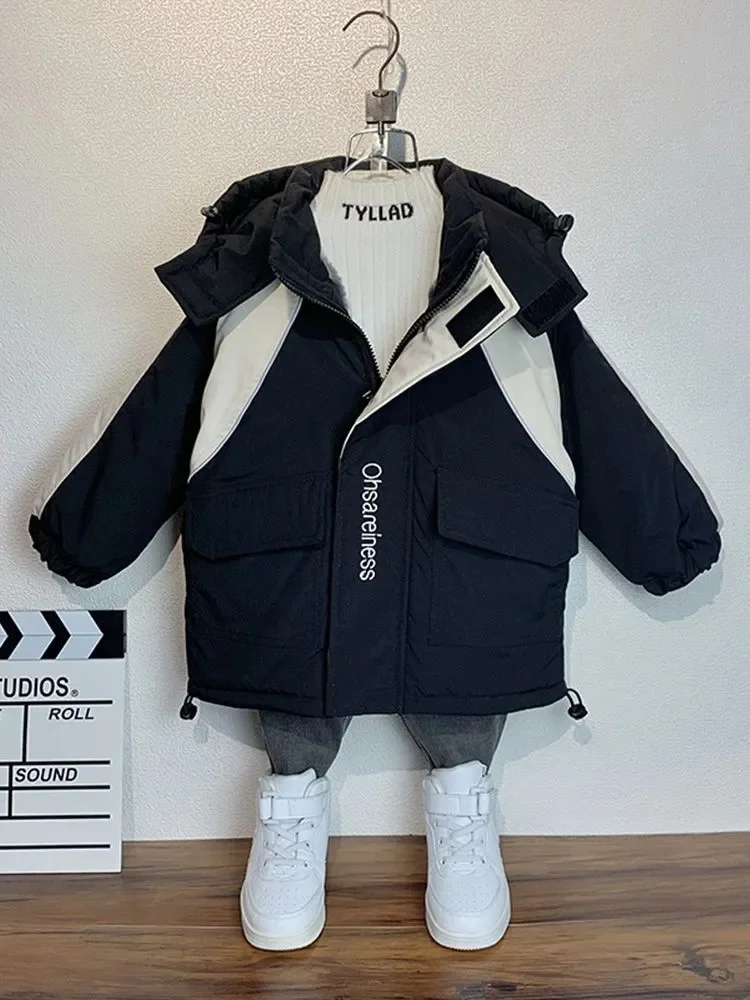 Children Winter Jacket for Boys Warm Hooded Coat 2023 New Thicken Velvet Autumn Cotton Padded Plush Boy's Clothing Parka