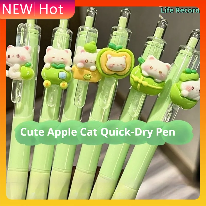 

6pcs Cute Apple Cat Pendant Neutral Pen Cartoon Press Black Pen Smooth Writing Student Exam Pen Signature Pen Stationery Gift