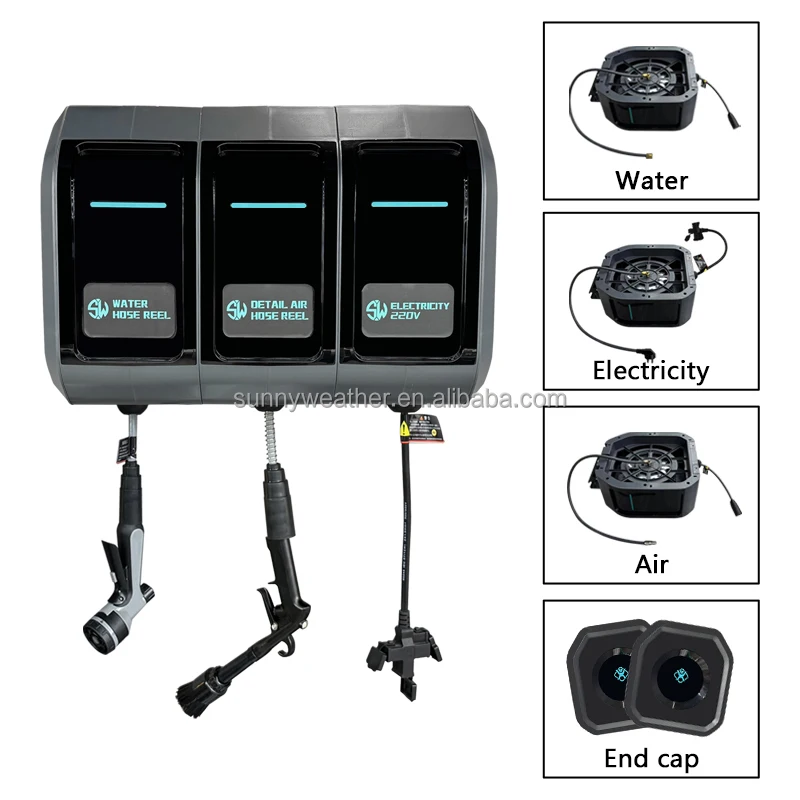 3 In 1 Air Water Electric 10m Retractable Hose Reel Including Cleaning Gun For Car Washing Garage Workshop Wall Mounted Cleaning view 2
