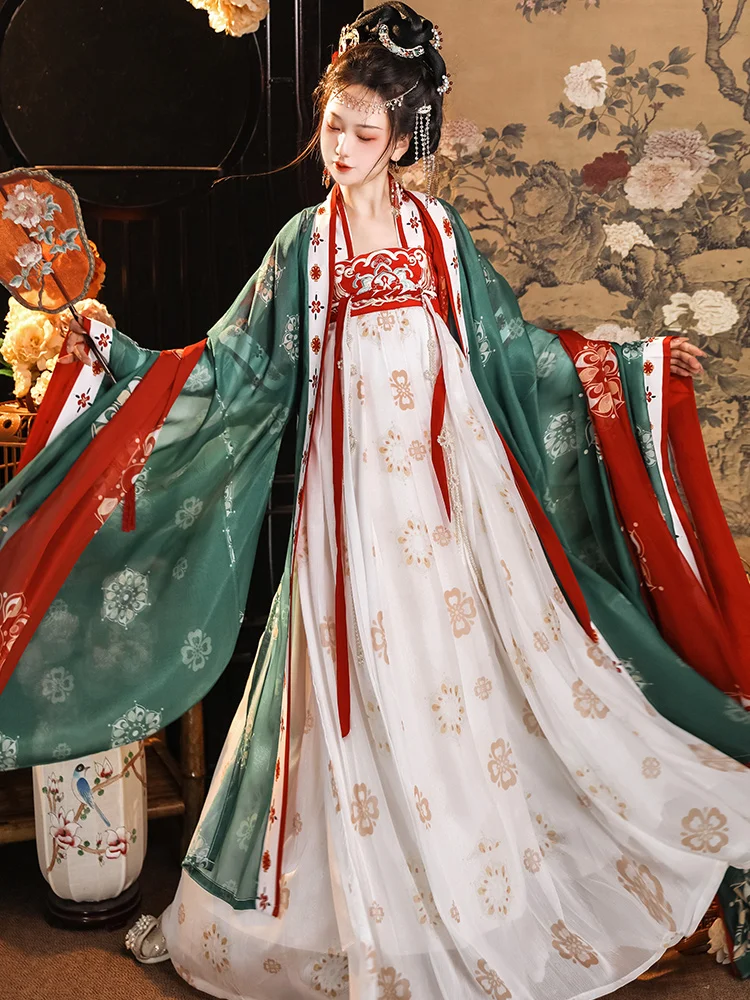 Tang Hanfu saia feminina de cintura alta até o peito com camisa de manga grande vestido tradicional chinês (verde, vermelho)