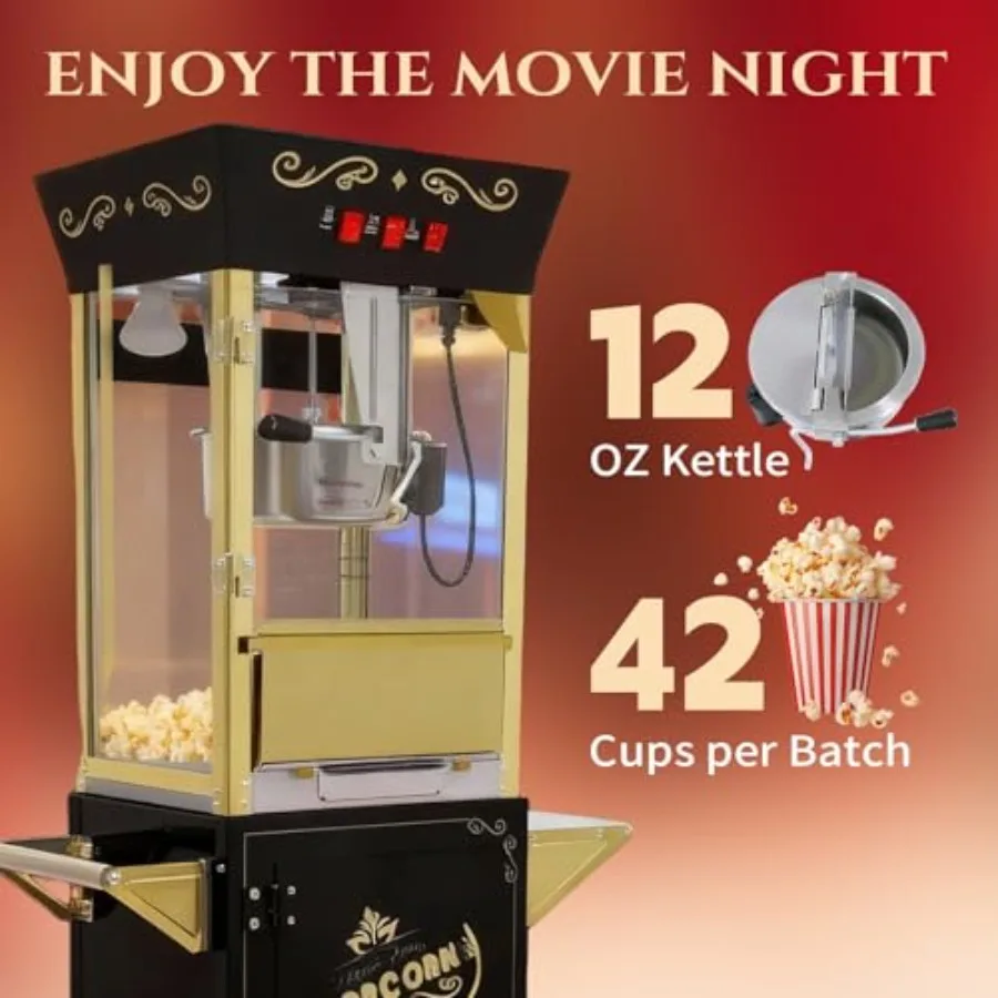Popcorn Machine with Cart, Popcorn Maker with 12 Oz Kettle, Vintage Movie Theater Style Professional Cart with 4 Cups and 1 Sco image 11