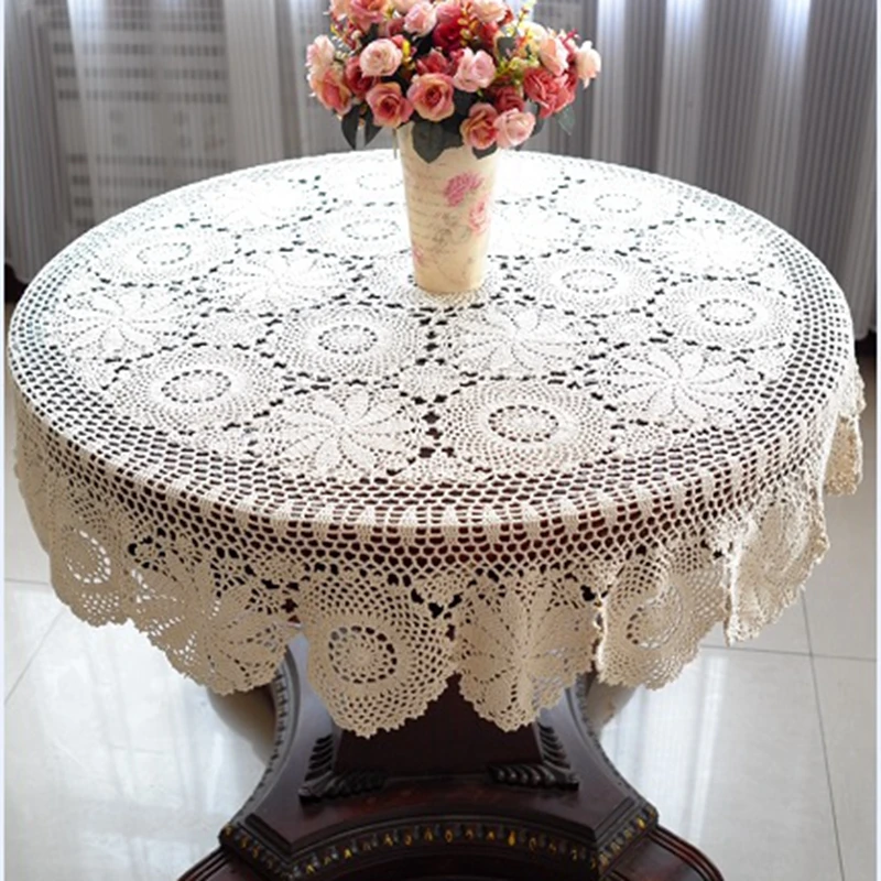 Round Crochet Table Cloth Handmade Lace Tablecloth Vintage Hand Tablecloth Crochet White Beige Color