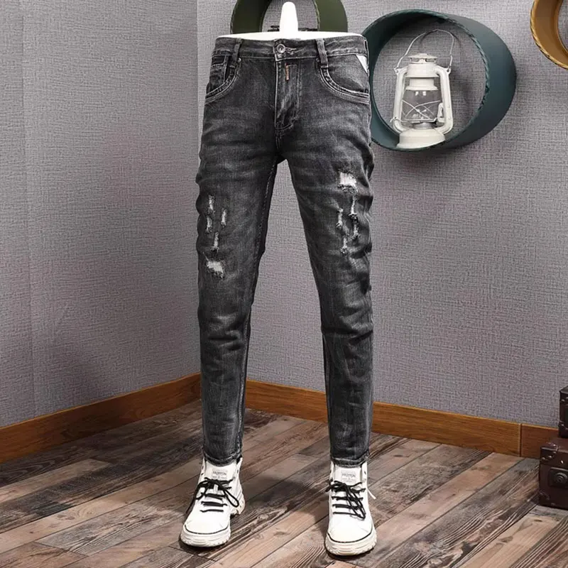 

Street Fashion Men Jeans Retro Black Gray Stretch Slim Fit Ripped Jeans Men Embroidery Designer Vintage Denim Pants Hombre