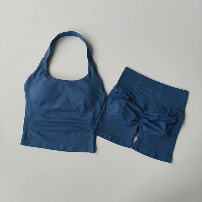 Damen-Sport-BH-Set mit Halsband, schöner Rücken, Yoga-Anzug, zweiteiliges Top, hochtailliertes, hüftformendes Fitness- und Gym-Set, Shorts-Sets – Detail 12