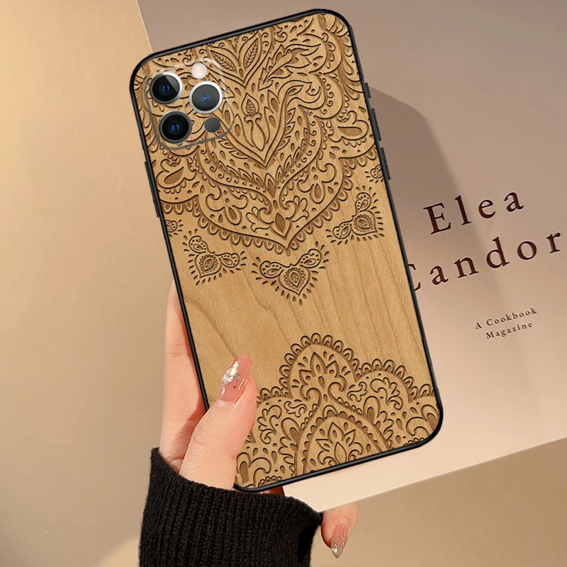 Mandala Floral Wood Funda For iPhone 15 14 13 12 11 16 Pro Max Mini 14 Plus XS Max X XR Phone Case