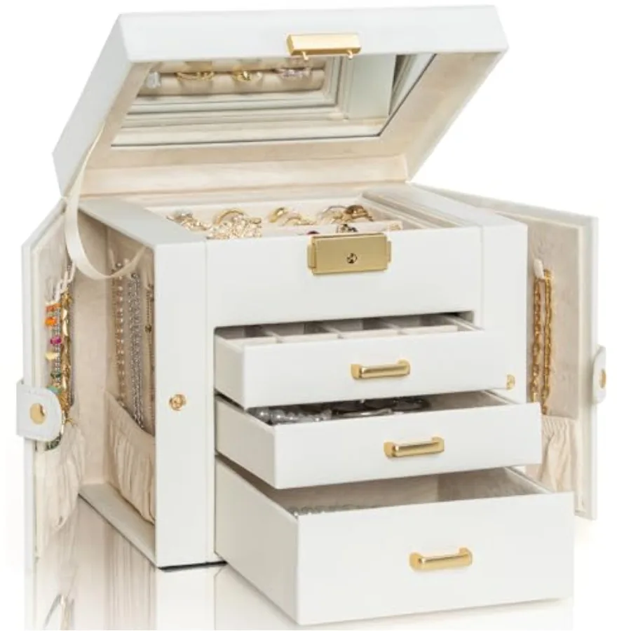 

4-уровневая шкатулка для драгоценностей, кожаный органайзер для хранения ювелирных изделий с 3 ящиками, запираемый для женщин и девочек, кольцо, ожерелье, серьги, браслет Hol